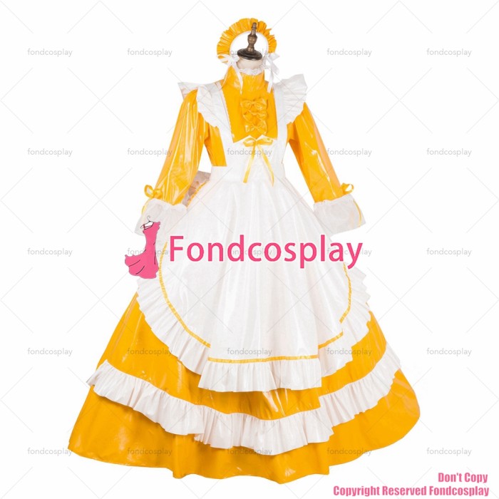 fondcosplay adult sexy cross dressing sissy maid long lockable Orange thin PVC vinyl dress Uniform costume CD/TV[G1786]