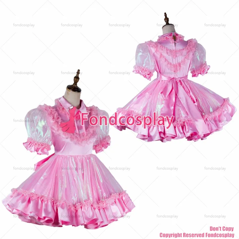 fondcosplay adult sexy cross dressing sissy maid short lockable baby pink Satin Organza dress Outfit CD/TV[G2018]