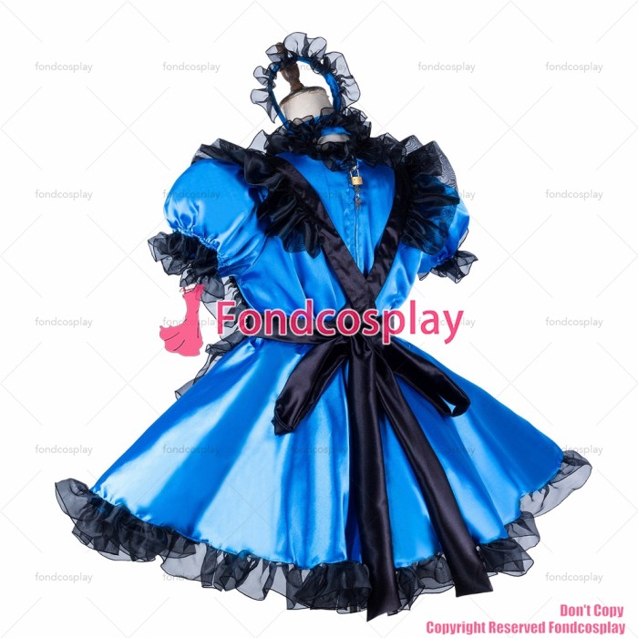 fondcosplay adult sexy cross dressing sissy maid short blue satin dress lockable Uniform black apron costume CD/TV[G2046]