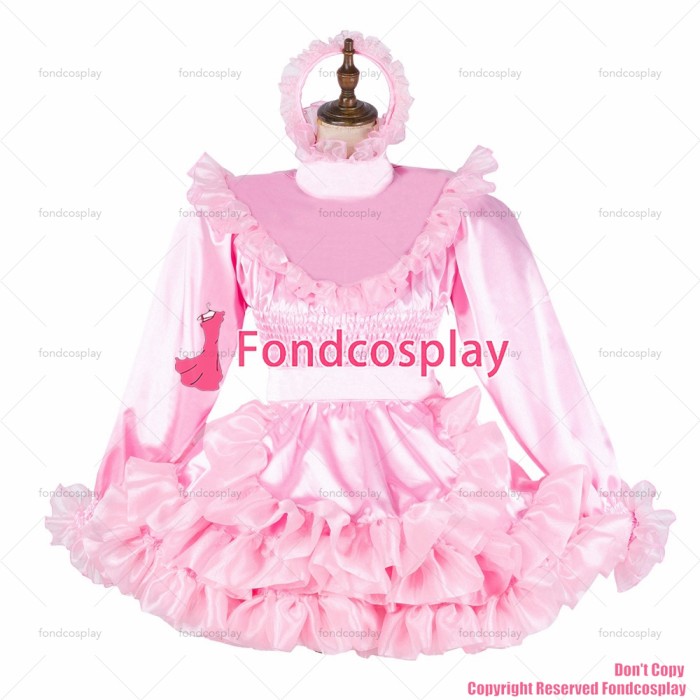 fondcosplay adult sexy cross dressing sissy maid short baby pink satin dress lockable Uniform apron costume CD/TV[G2041]