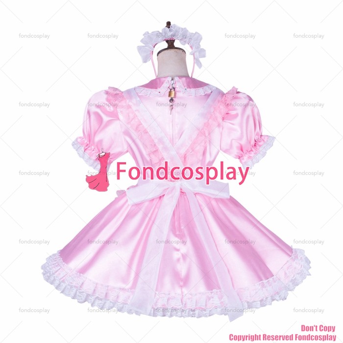 fondcosplay adult sexy cross dressing sissy maid short lockable baby pink satin organza dress Uniform apron CD/TV[G1765]