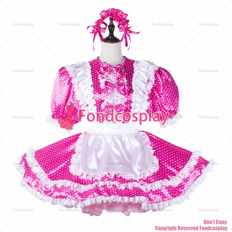 fondcosplay adult sexy cross dressing sissy maid hot pink Dots satin dress lockable Uniform white apron CD/TV[G2227]