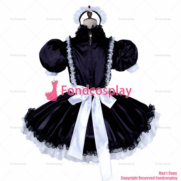 fondcosplay adult sexy cross dressing sissy maid short lockable black Satin dress Uniform white apron costume CD/TV[G1998]