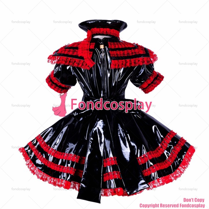 fondcosplay adult sexy cross dressing sissy maid short lockable black heavy PVC dress Uniform hat costume CD/TV[G1744]