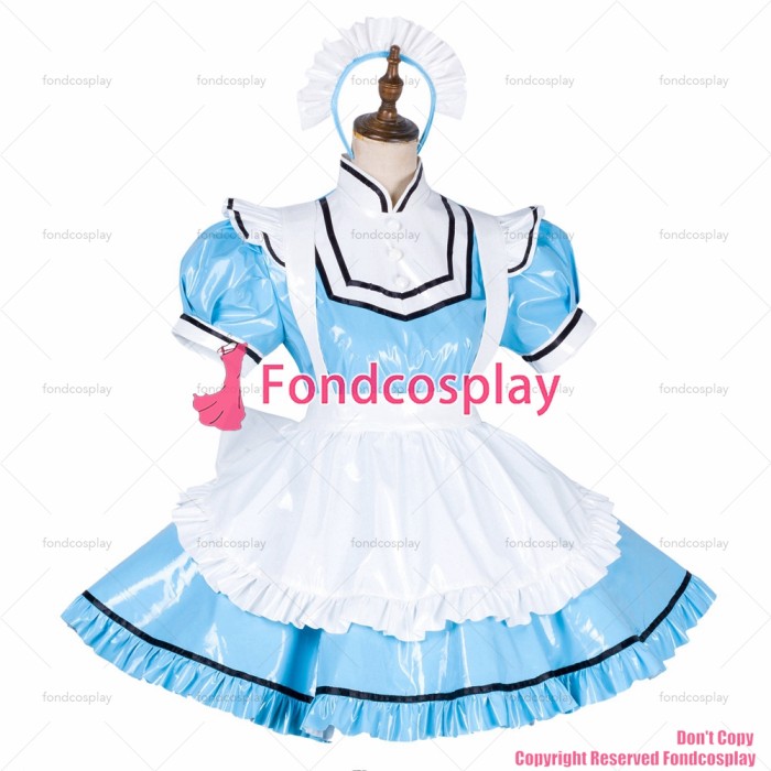 fondcosplay adult sexy cross dressing sissy maid short lockable baby blue thin PVC vinyl dress white apron CD/TV[G1794]