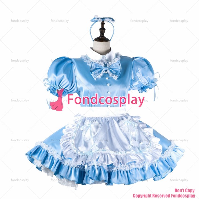 fondcosplay adult sexy cross dressing sissy maid baby blue satin dress lockable Uniform white apron costume CD/TV[G2219]
