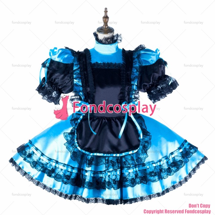 fondcosplay adult sexy cross dressing sissy maid short blue satin dress lockable black apron Uniform costume CD/TV[G2181]