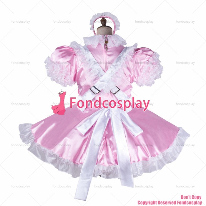 fondcosplay adult sexy cross dressing sissy maid baby pink satin dress lockable Uniform white apron costume CD/TV[G2146]