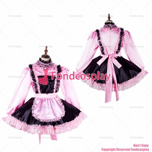 fondcosplay adult sexy cross dressing sissy maid short lockable baby pink Satin dress Uniform apron costume CD/TV[G2011]
