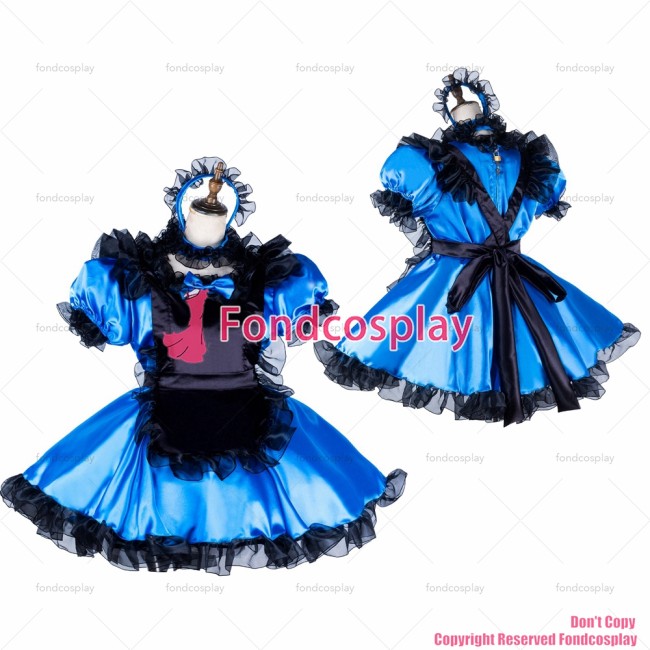 fondcosplay adult sexy cross dressing sissy maid short blue satin dress lockable Uniform black apron costume CD/TV[G2046]