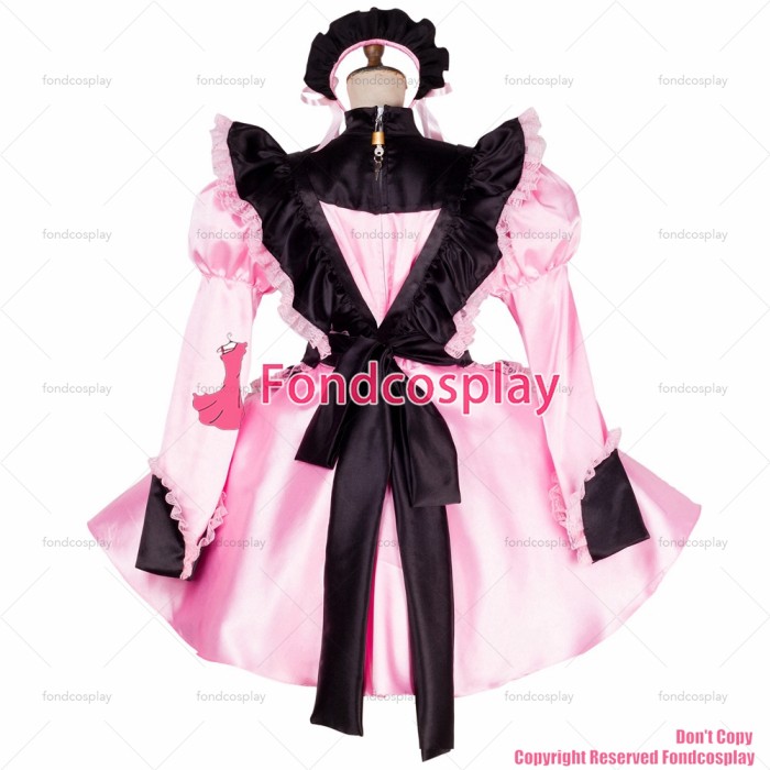 fondcosplay adult sexy cross dressing sissy maid short lockable baby pink satin dress Uniform black apron CD/TV[G1792]