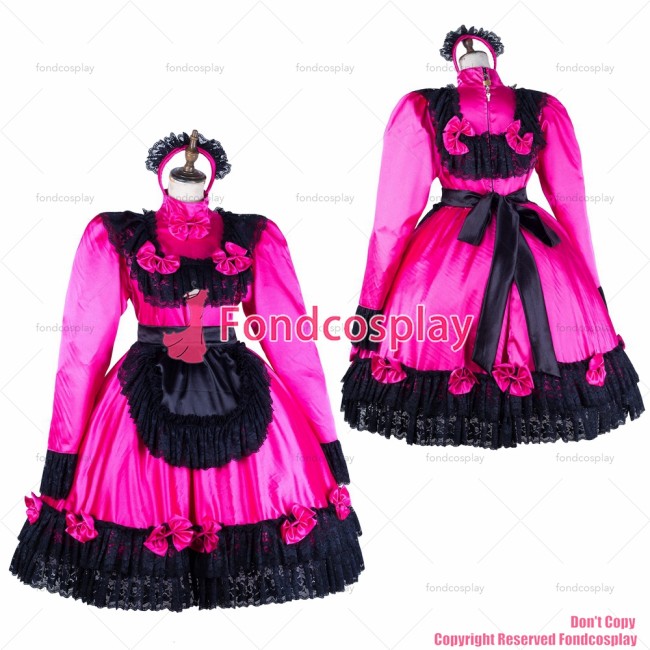 fondcosplay adult sexy cross dressing sissy maid long hot pink satin dress lockable black lace apron Uniform CD/TV[G2050]
