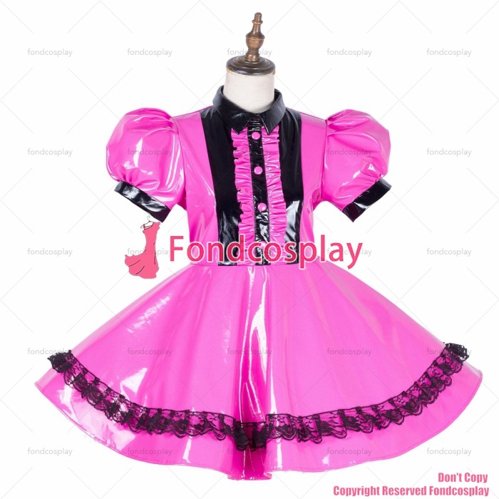 fondcosplay adult sexy cross dressing sissy maid lockable hot pink thin PVC vinyl dress Uniform black apron CD/TV[G1790]