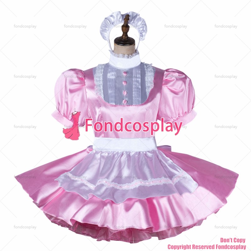 fondcosplay adult sexy cross dressing sissy maid baby pink satin dress lockable Uniform white apron costume CD/TV[G2198]