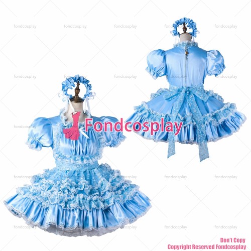 fondcosplay adult sexy cross dressing sissy maid short baby blue satin dress lockable Uniform apron costume CD/TV[G2206]