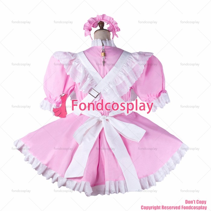 fondcosplay adult sexy cross dressing sissy maid baby pink cotton dress lockable Uniform white apron costume CD/TV[G2196]