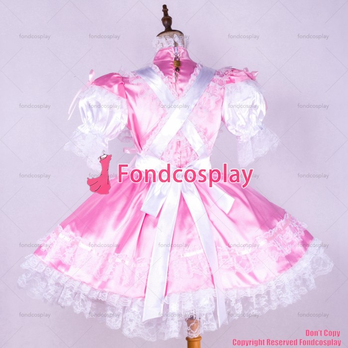 fondcosplay adult sexy cross dressing sissy maid short baby pink satin dress lockable Uniform white apron CD/TV[G1745]