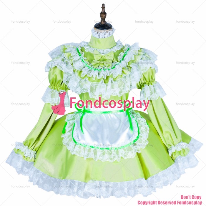 fondcosplay adult sexy cross dressing sissy maid short lockable Grass green satin dress Uniform white apron CD/TV[G1799]
