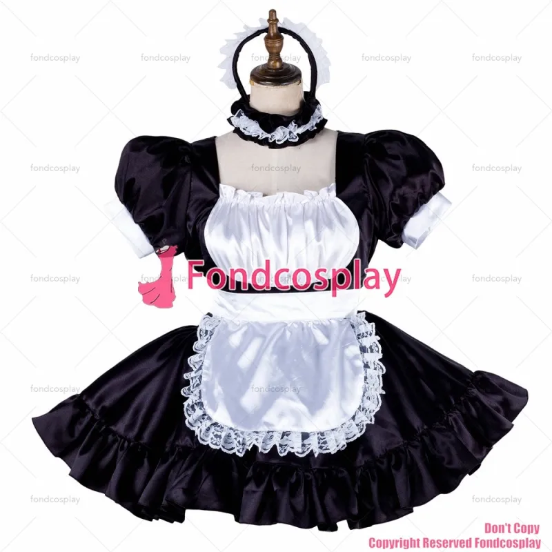 fondcosplay adult sexy cross dressing sissy maid short lockable black Satin dress Uniform white apron costume CD/TV[G2020]