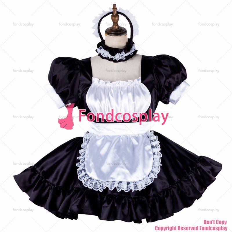 fondcosplay adult sexy cross dressing sissy maid short lockable black Satin dress Uniform white apron costume CD/TV[G2020]
