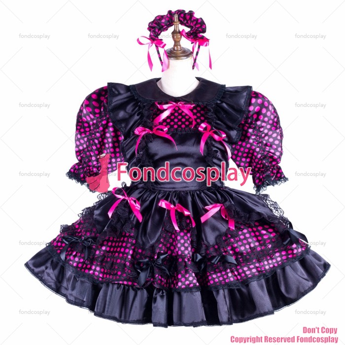 fondcosplay adult sexy cross dressing sissy maid short Purple dots satin dress lockable Uniform black apron CD/TV[G2132]