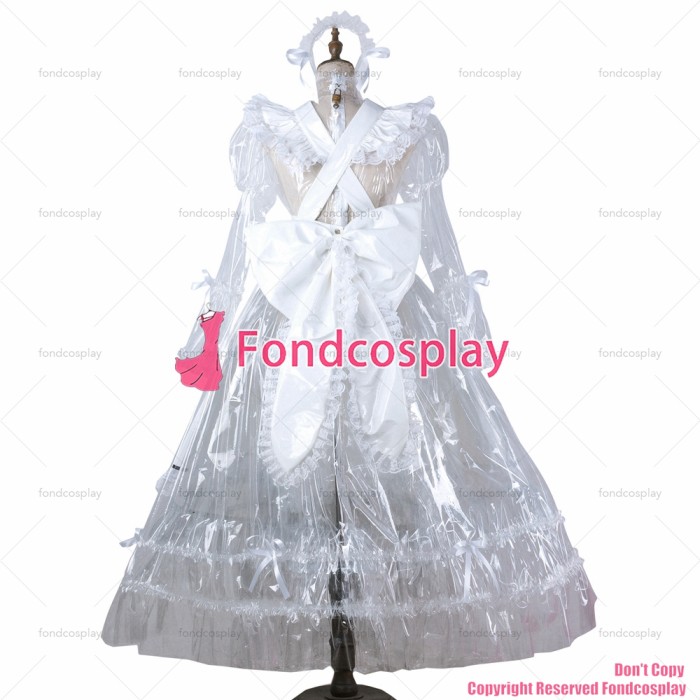 fondcosplay adult sexy cross dressing sissy maid long clear pvc dress lockable Uniform white apron costume CD/TV[G2205]