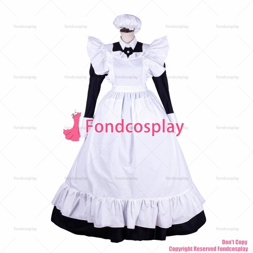 fondcosplay adult sexy cross dressing sissy maid long lockable black Cotton dress Uniform white apron costume CD/TV[G1753]