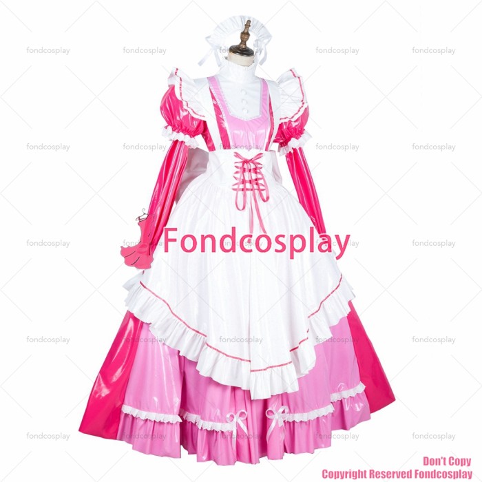 fondcosplay adult sexy cross dressing sissy maid long lockable hot pink thin PVC vinyl dress white apron CD/TV[G1791]