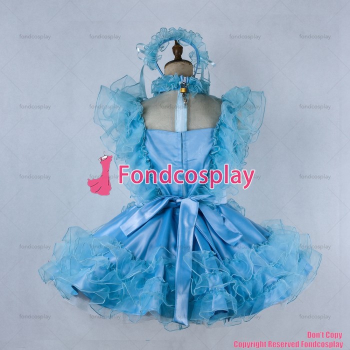 fondcosplay adult sexy cross dressing sissy maid short lockable blue Satin Organza dress Outfit apron CD/TV[G2021]
