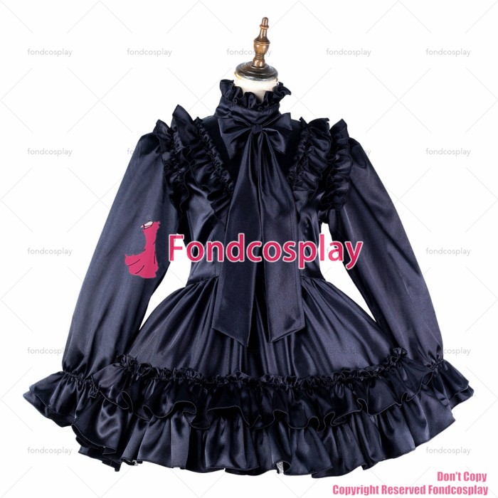 fondcosplay adult sexy cross dressing sissy maid short black satin dress lockable Uniform cosplay costume CD/TV[G2143]
