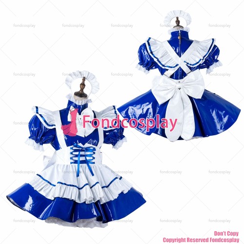 fondcosplay adult sexy cross dressing sissy maid blue heavy pvc dress lockable Uniform white apron costume CD/TV[G2209]