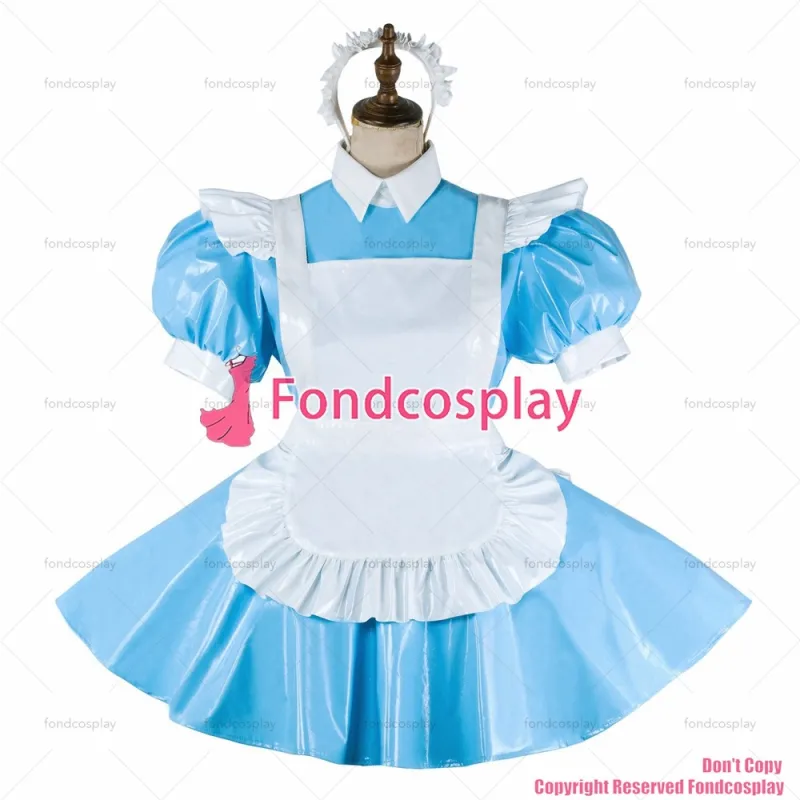 fondcosplay adult sexy cross dressing sissy maid short baby blue thin pvc dress lockable Uniform costume CD/TV[G2065]