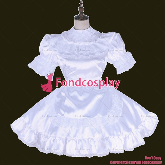 fondcosplay adult sexy cross dressing sissy maid short lockable white Satin dress Uniform apron costume CD/TV[G1659]