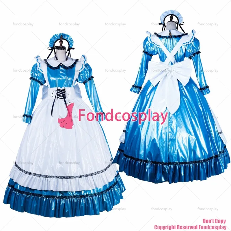 fondcosplay adult sexy cross dressing sissy maid long lockable blue thin PVC dress Uniform white apron CD/TV[G1752]
