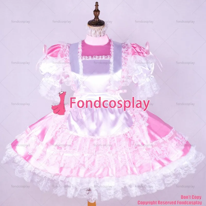 fondcosplay adult sexy cross dressing sissy maid short baby pink satin dress lockable Uniform white apron CD/TV[G1745]