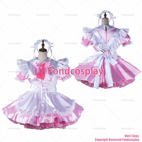 fondcosplay adult sexy cross dressing sissy maid baby pink satin dress lockable Uniform white apron costume CD/TV[G2194]
