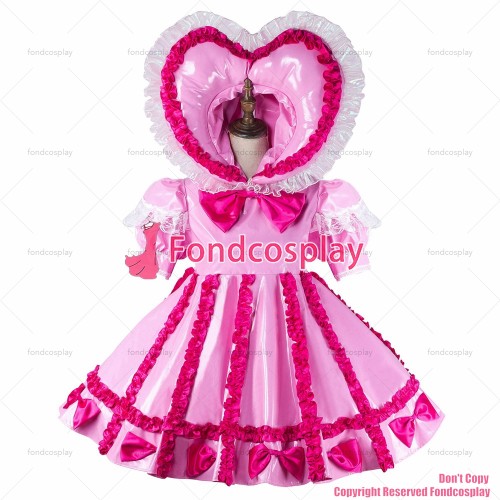 fondcosplay adult sexy cross dressing sissy maid short baby pink thin pvc dress lockable Uniform Heart hood CD/TV[G2161]