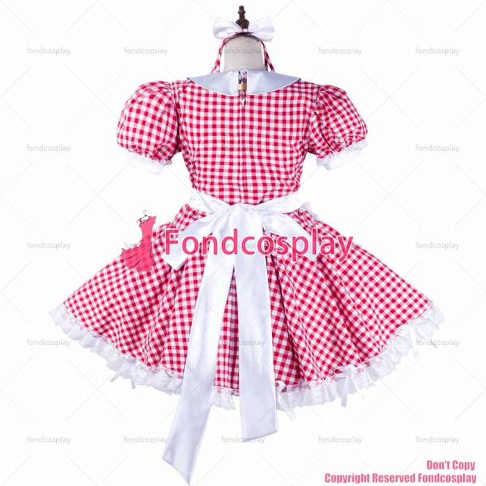 fondcosplay adult sexy cross dressing sissy maid short red cotton dress lockable Uniform white apron costume CD/TV[G2128]