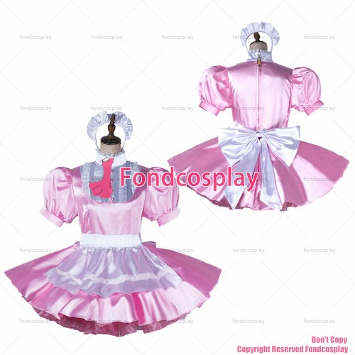 fondcosplay adult sexy cross dressing sissy maid baby pink satin dress lockable Uniform white apron costume CD/TV[G2198]