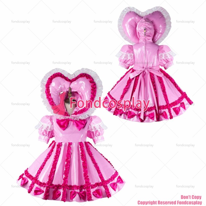 fondcosplay adult sexy cross dressing sissy maid short baby pink thin pvc dress lockable Uniform Heart hood CD/TV[G2161]