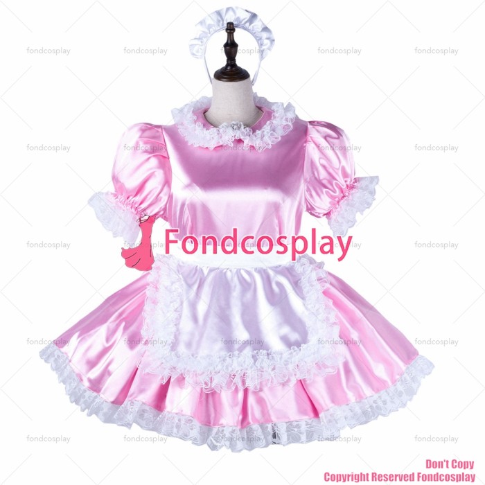 fondcosplay adult sexy cross dressing sissy maid baby pink satin dress lockable Uniform white apron costume CD/TV[G2220]