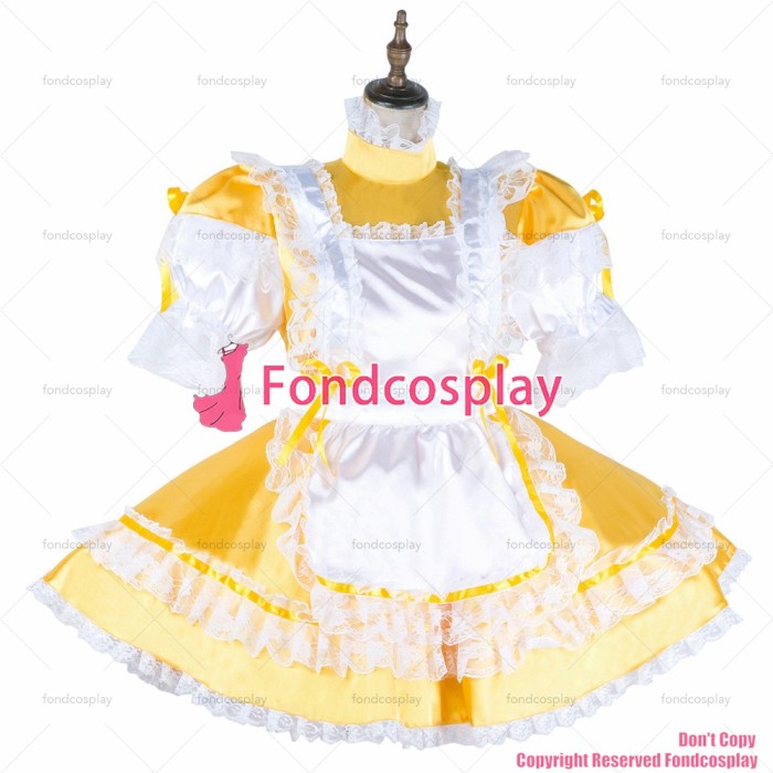 fondcosplay adult sexy cross dressing sissy maid short yellow satin dress lockable white arpon Uniform CD/TV[G2039]