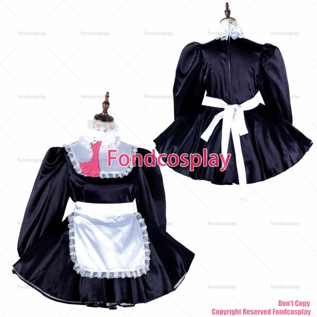 fondcosplay adult sexy cross dressing sissy maid short black satin dress lockable Uniform white apron costume CD/TV[G2136]