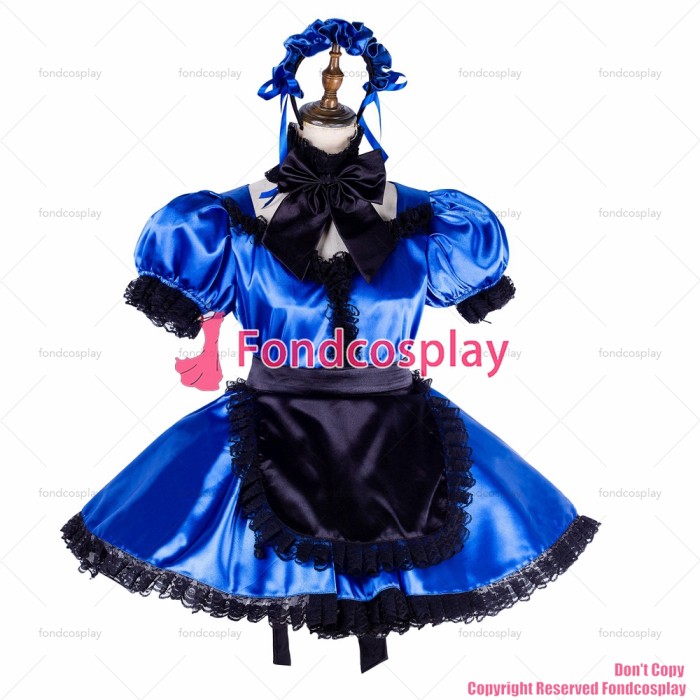fondcosplay adult sexy cross dressing sissy maid short lockable blue Satin dress Uniform black apron costume CD/TV[G1999]