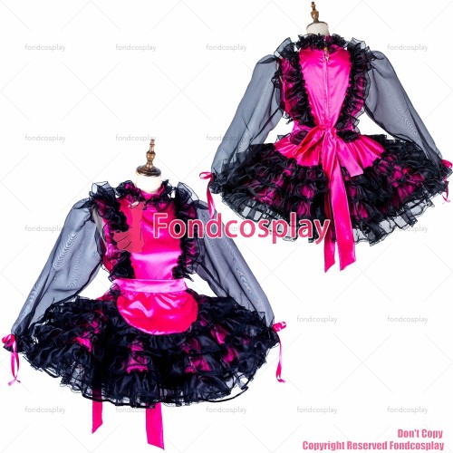 fondcosplay adult sexy cross dressing sissy maid short lockable black hot pink Satin Organza dress apron CD/TV[G2009]