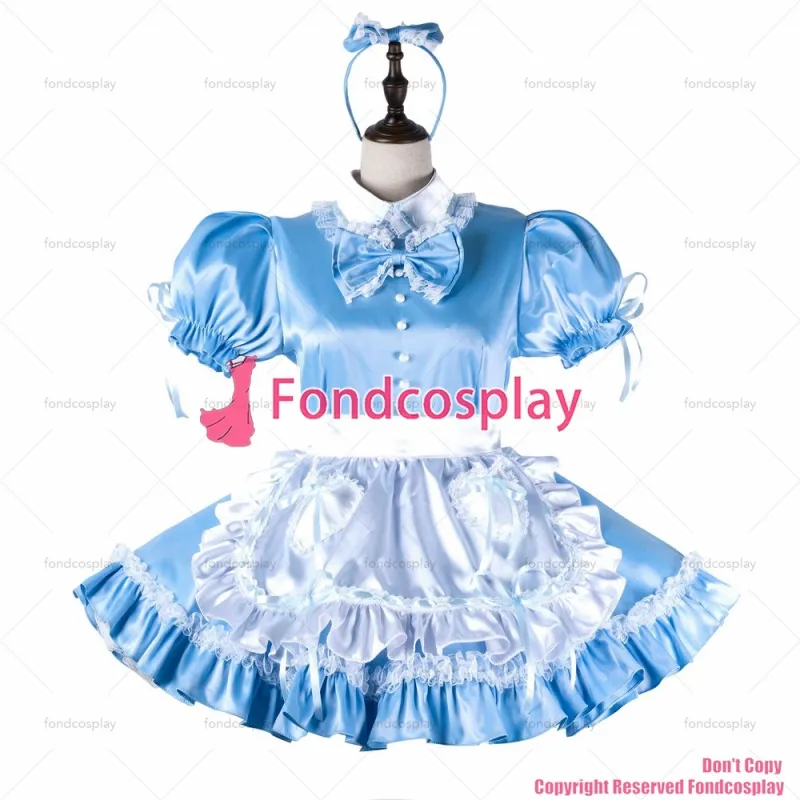 fondcosplay adult sexy cross dressing sissy maid baby blue satin dress lockable Uniform white apron costume CD/TV[G2219]