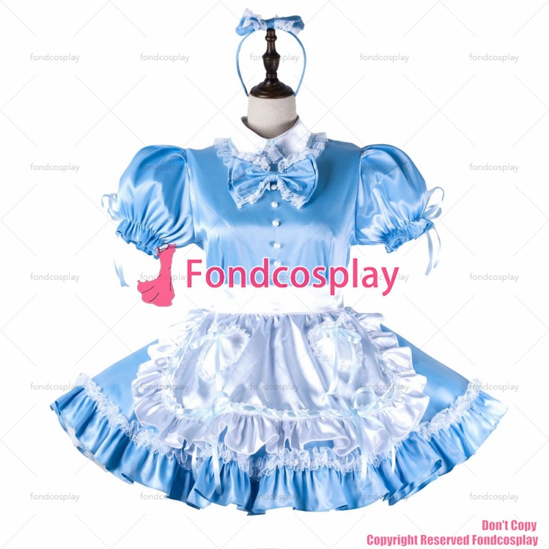 fondcosplay adult sexy cross dressing sissy maid baby blue satin dress lockable Uniform white apron costume CD/TV[G2219]