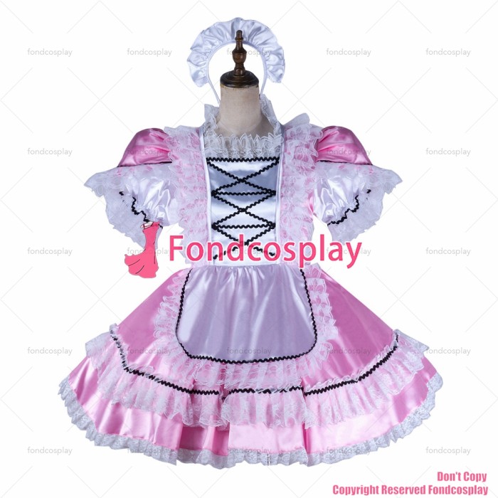 fondcosplay adult sexy cross dressing sissy maid short baby pink satin dress lockable Uniform apron costume CD/TV[G2159]