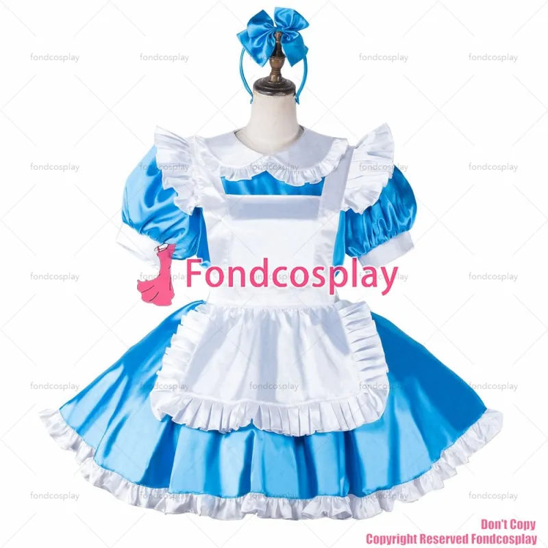 fondcosplay adult sexy cross dressing sissy maid short blue satin dress lockable Uniform white apron costume CD/TV[G2202]