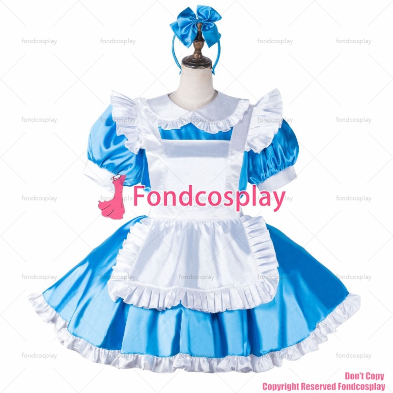 fondcosplay adult sexy cross dressing sissy maid short blue satin dress lockable Uniform white apron costume CD/TV[G2202]